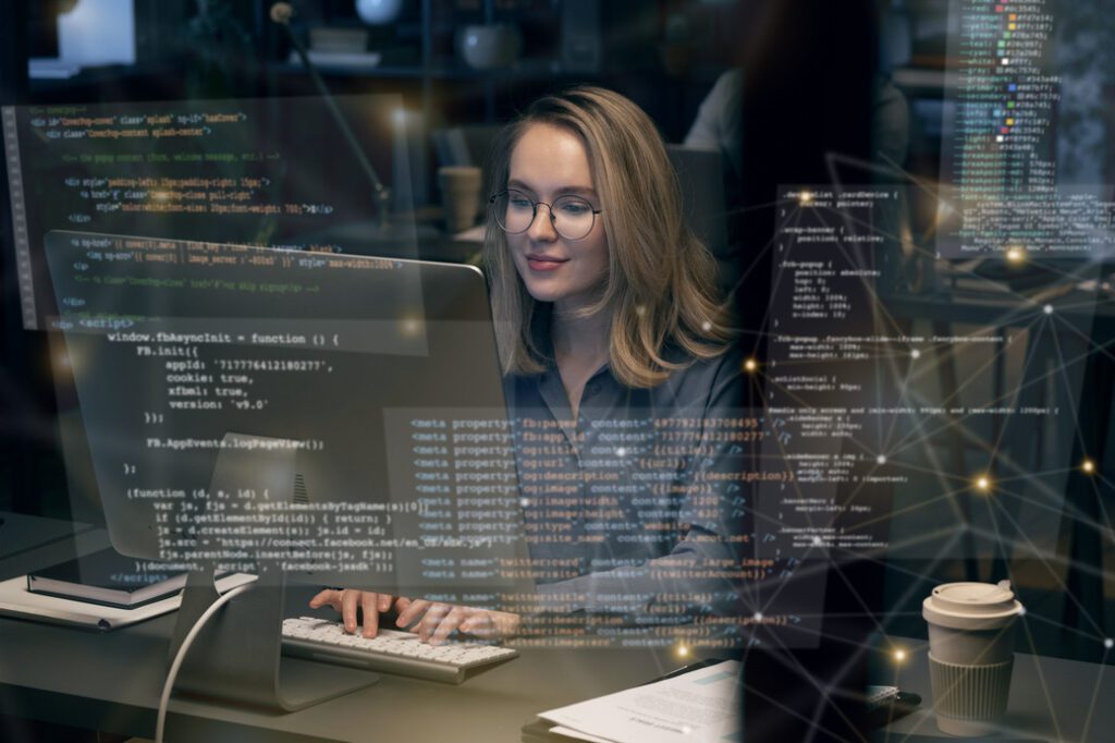 A software engineer is seen installing and configuring software on a computer, surrounded by dynamic lines of code and data streams, representing the intricate process of deploying applications and managing system environments.