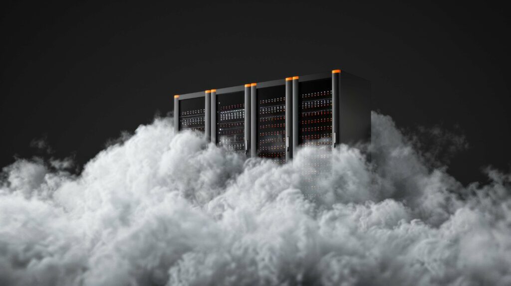 Server racks surrounded by dense cloud, symbolizing cloud computing or data storage solutions.