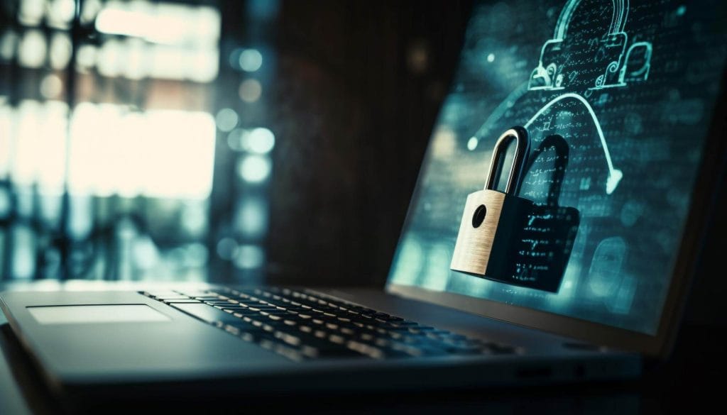 Laptop with a digital lock hovering over it, symbolizing cybersecurity and data protection.
